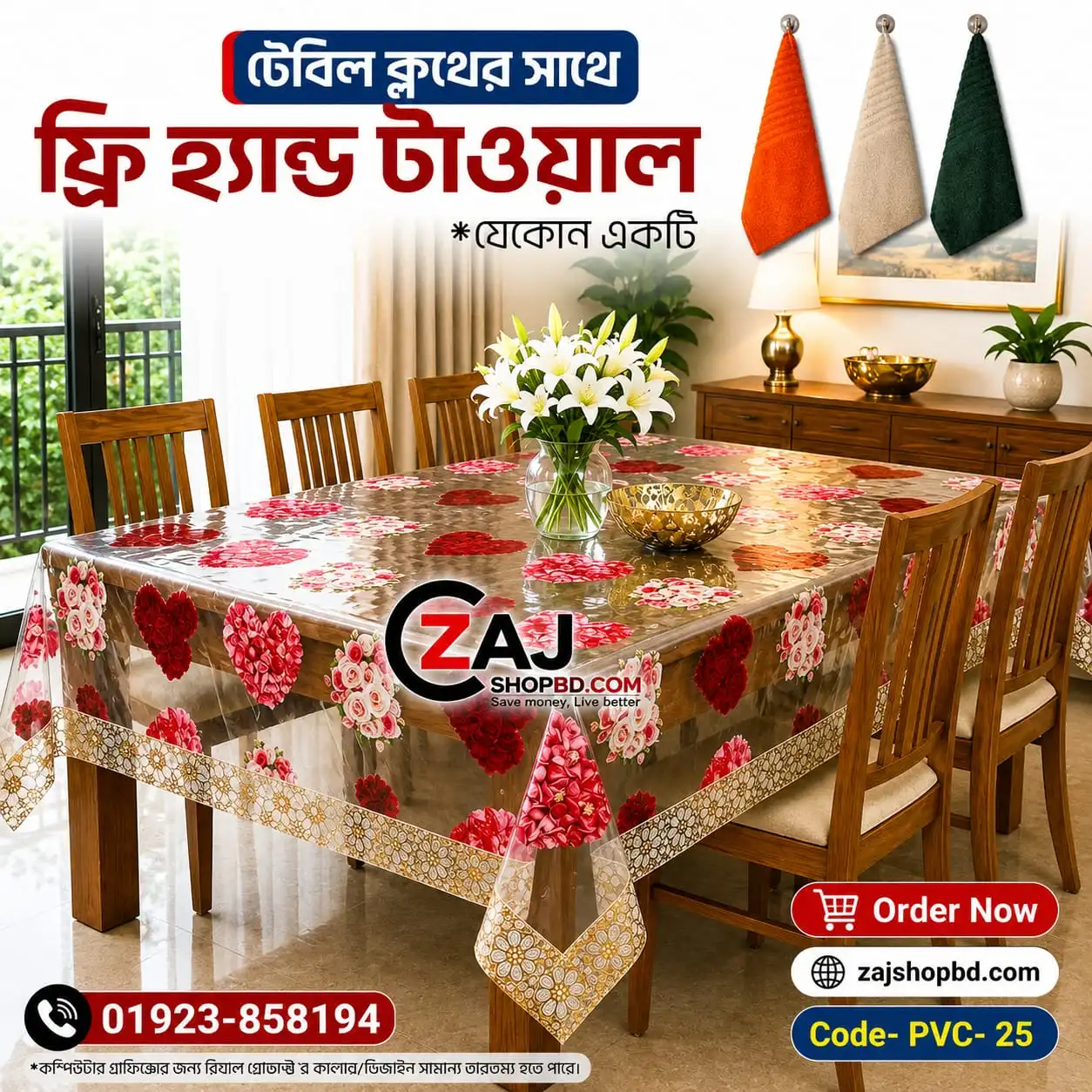 ফ্রি টাওয়াল সহ প্রিমিয়াম প্রিন্টেড ডাইনিং টেবিলের কাভার (৬ সিটের টেবিলের কভার) ওয়াটারপ্রুফ ,ডাস্টপ্রুফ টেকসই ও আকর্ষণীয় কোড নাম্বার - PVC 25